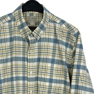 LL Bean Mens L Heavy Cotton Twill Blend Stretch Button Down Plaid Blue Easter‎